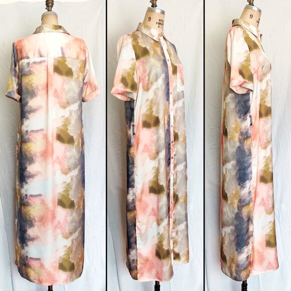 FRNCH Paris Abigail Maxi Shirt Dress in Silky Watercolor Tie Dye Print Small EUC - Picture 4 of 9